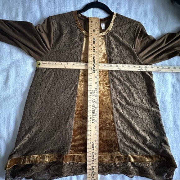 LOGO Lavish Shirt Womens Small Brown Gold Lace Velvet Tunic Scallop Hem Boho - Picture 3 of 10